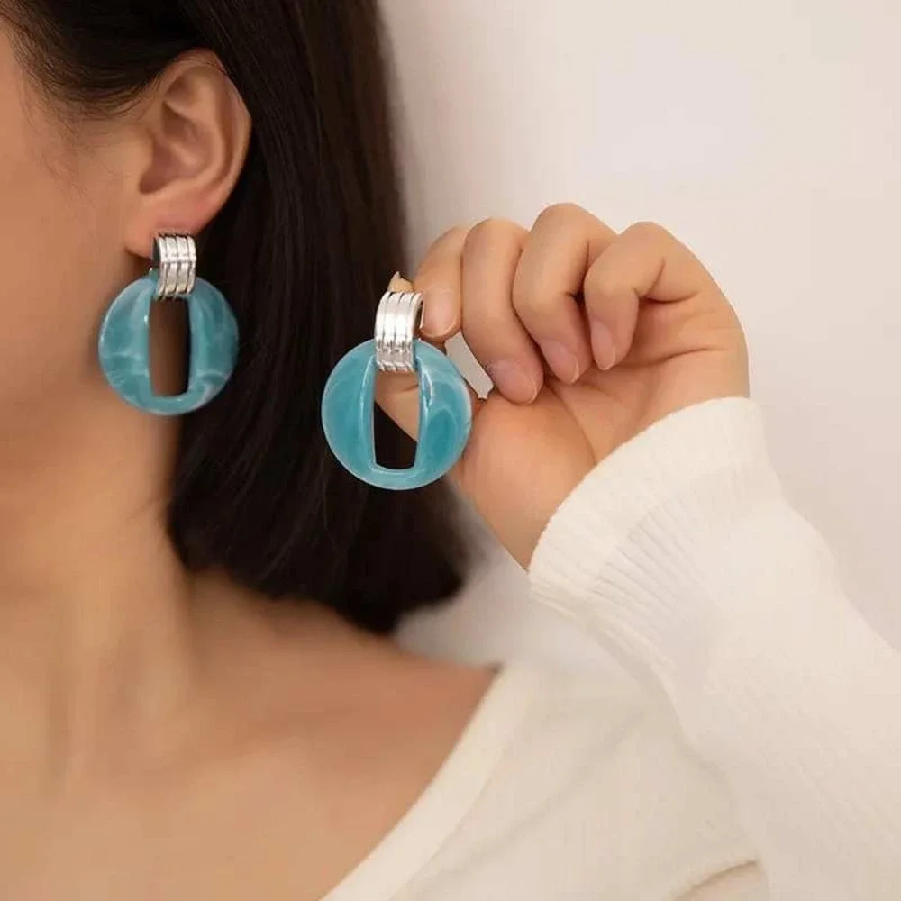 Hoop Drop Earrings Womens OS Teal Blue Marbled Resin‎ Silver Tone Boho Dangly
